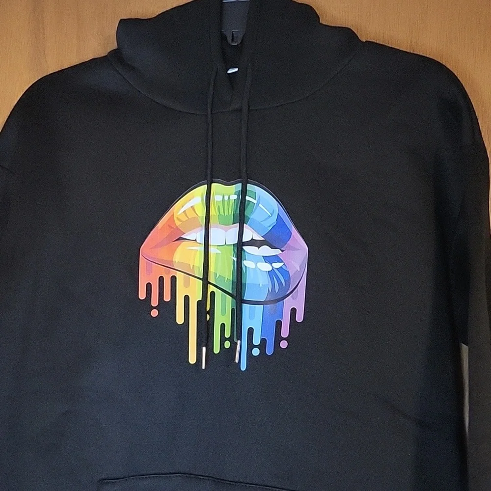 Womens Black Hoodie With Rainbow Lips - Picture 3 of 7